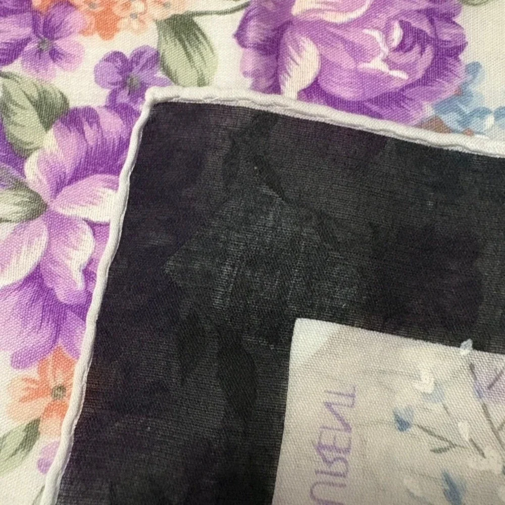 Vtg YVES SAINT LAURENT Scarf Handkerchief Floral Cotton Purple 18